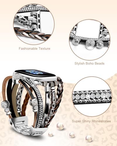 Compatible with Apple Watch Band 40mm for Women, Boho Bracelet for Apple Watch 38mm 41mm, Multilayer Leather Wrap Braided Strap for iWatch Series 11/10(42mm)/9/8/7/6/5/4/3/2/1/SE Leopard Black - color: A-Leopard Black, size: 42(series 11/10)/41/40/38mm