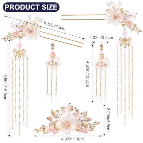 HINZIC 5PCS Silk Flower Tassels Hairpin, Crystal Rhinestone Pearl Hair Clips Headpiece Retro Flower Chinese Hanfu Wedding Brides Hair Accessories Jewelry for Women Girls Updo Long Hair - color: Pink-3pcs