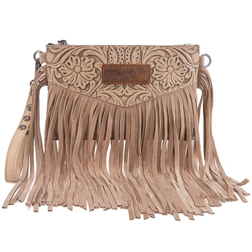 Wrangler Crossbody Small Purse for Women Wristlet Fringe Bag Western Purse - color: Angel Khaki