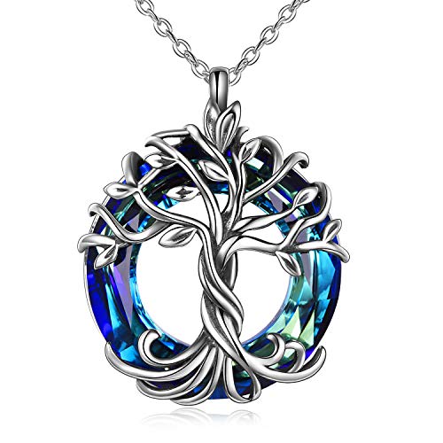 TOUPOP Tree of Life Necklace Gifts for Women 925 Sterling Silver Family Tree Pendant with Crystal Birthday Irish Jewelry Gifts for Women Her Wife Mom - color: 01-Blue Crystal-Silver Oxide