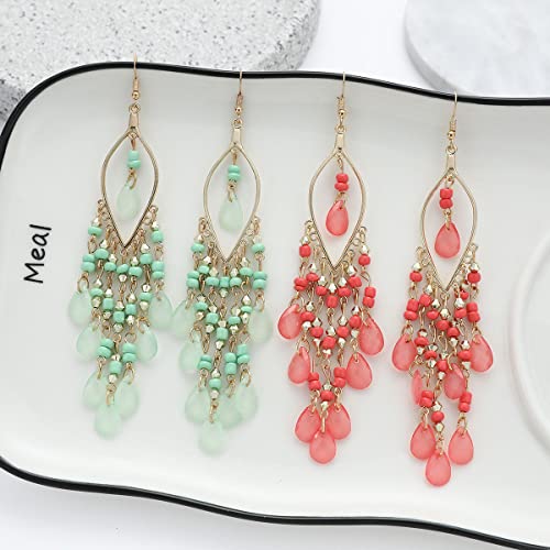 Long Beaded Tassel Earrings Bohemia Native Tassel Drop Earrings Handmade Seed Bead Tribal Dangle Earrings Boho Multicolor Crystal Beaded Tassel Earrings for Women (Colorful)
