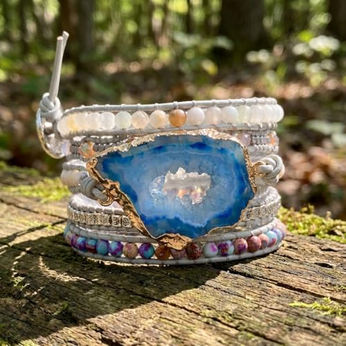 YGLINE Boho Handmade Wrap Leather Tube Crystal Stone Bracelet for Women - color: Blue Druzy