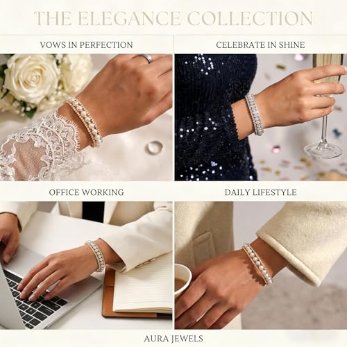 Pearl Rhinestone Stretch Cuff Bracelet for Women Adjustable | Perfect for vintage weddings parties vacations and everyday wear - color: Gold