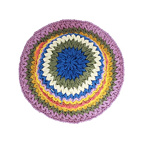 Women Straw Sun Hat Floral Woven Crochet Bucket Hat Y2k Aesthetic Accessories Beach Hat Hand Woven Boho Foldable Cap - color: Striped B