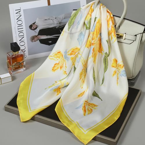 Sumolux Head Hair Scarf for Women Like Satin Silk Scarf Bandana Hair Wrapping Night Large Square Scarves 27.5" - color: Yellow Flowers