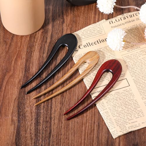 3 Pack Wooden Hair Sticks for Women, French U Shaped Hairpin with Two Prongs Hair Clips Handmade French Hairs Stick Vintage Matte Hairpins for Women Bun Updo Hairstyle