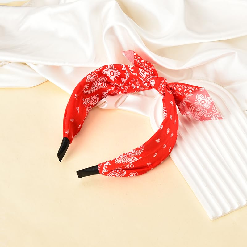 Red Boho Paisley Bandana Hair Bands with Knotted Bow and Rabbit Ear Headbands for Women and Girls - Non-Slip Headbands - color: red