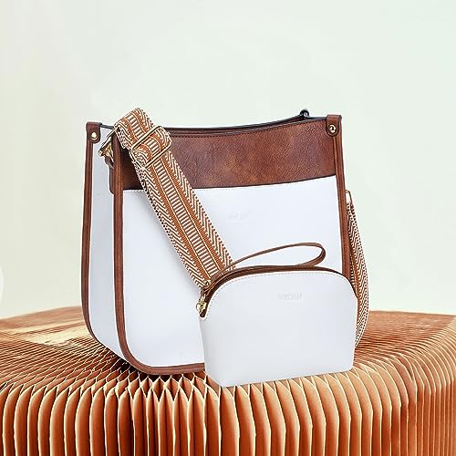 HKCLUF Crossbody Bag Purse for Women 2PCS/Set Leather Hobo Handbag Wallet Set With 2Adjustable Guitar Strap Shoulder Bag | Purse - color: A01-white Brown