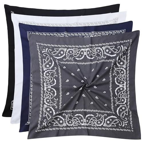 Mochabao 100% Cotton 27" x 27" Large Bandanas for Men & Women, Multi-Purpose Bandana Headbands, Square Head Scarf - color: White/Black/Navy Blue/Gray