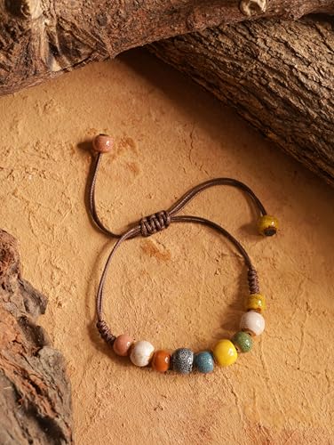 MINACHI Bohemian Colorful Ceramic Bead Adjustable Leather Bracelet, Boho Hippie Summer Jewelry Gift for Women - color: S02B