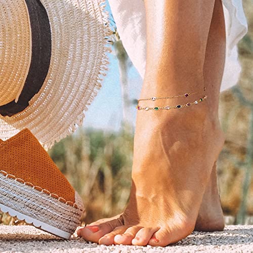 MTMY Gold Anklets for Women 14K Gold Plated Tiny Bead Anklet Colorful Tassel Foot Chain Dainty Adjustable Cute Summer Beach Boho Anklets Jewelry Gift - style: colorful drop B