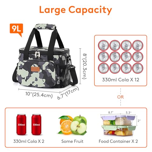 Lifewit Medium Lunch Bag, Insulated Lunch Box, Soft Cooler Cooling Tote for Adult Men Women, Camouflage 12-Can (9L) - color: Camouflage, size: Medium(9L)