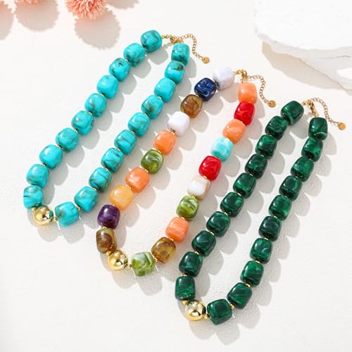 Chunky Beaded Necklace For Women Colorful Boho Beach Rainbow Statement Resin Necklace For Women Jewelry - color: Dark green