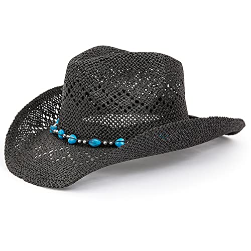 TOVOSO Western Cowgirl Hat, Straw Cowboy Hat for Women with Shapeable Brim, Beaded Hearts Trim, Shapeable Cowboy Hat - color: Black With Blue Trim