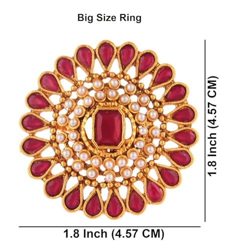 Efulgenz Indian Jewelry Rings for Women Antique Round Faux Pearl Crystal Bollywood Adjustable Big Finger Ring Fashion Party Statement Jewelry for Women - color: Dark Pink
