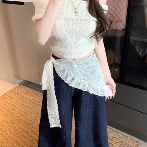Women's Floral Lace Triangle Hip Scarf Head Kerchief Tie Waist Belt Sheer Hip Wrap Boho Head Scarf Hair Accessory - color: Z3-apricot