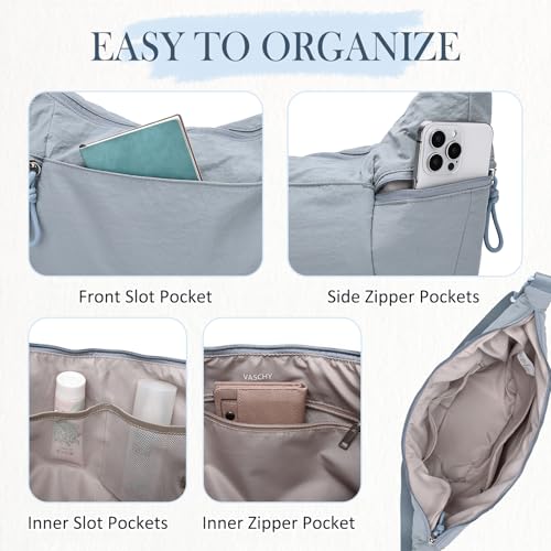 VASCHY Crossbody Crescent Bag for Women, Casual Lightweight Nylon Large Slouchy Hobo Bags Purses for Travel/Gym/Work/College - color: Light Blue