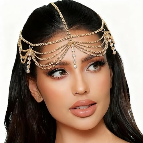 Gold Rhinestone Boho Head Chain,Goddess Headpiece,Festival Costume Headband Accessories for Bride Daily Hair Accessories Prom Makeup