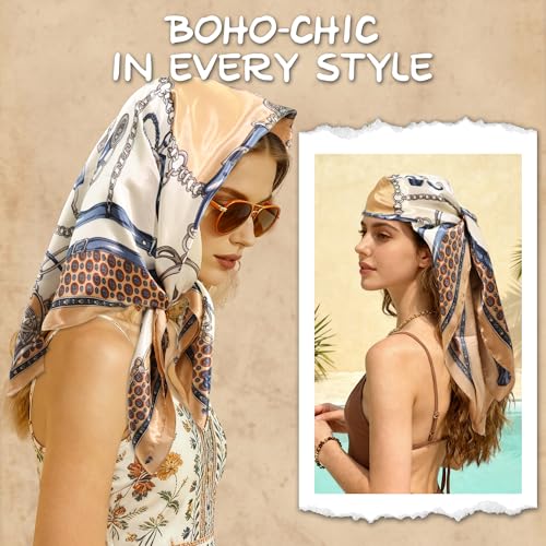 Large Square Head Scarf Bandana - 35" Satin Hair Scarf for Women Like Silk Scarf Fashion Hair Wrapping - color: Equestrian Chain(khaki), size: 35IN*35IN