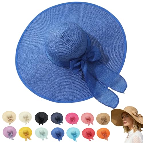 Women’s Straw Sun Hat Wide Brim Packable - Boho Beach Hat for Summer Vacation, Poolside Relaxation and Tropical Travel - color: Blue