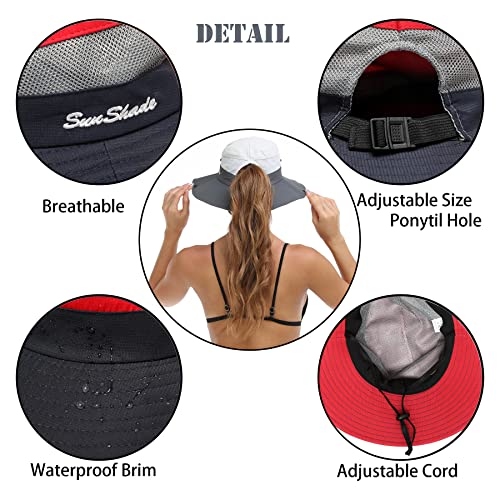 Womens Summer Sun Hat Beach Hat Wide Brim Outdoor UV Protection Hat Foldable Cool Mesh Ponytail Bucket Hat - color: Red-blue