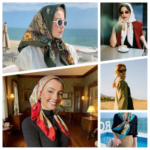 Large Square Head Satin Scarf Silk Feeling Hair Scarf 35"Head Scarves Bandana for Women Headscarfs for Women's Hair - color: C1-green