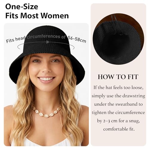 Straw Bucket Hat for Women Foldable Summer Beach Sun Hats Wide Brim Crochet Floppy Hat for Vacation Travel Shade & Style - color: Black-a