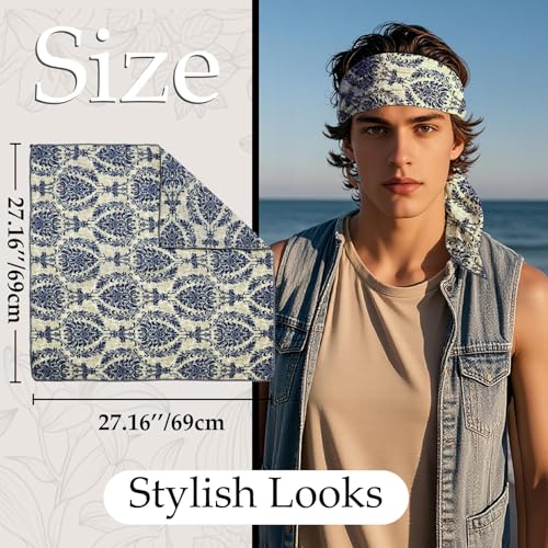 27.16'' Bandanas for Men, Cotton Mens Head Scarf with Flower Pattern Floral Hair Bandana Headband for Daily Casual - color: White Blue