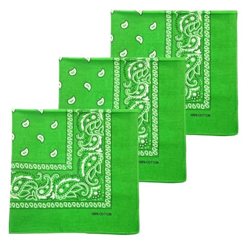 MDSTYLE 100% Cotton Bandana for Men & Women 22" x 22" Paisley Pattern Handkerchief Headband Scarf - color: Lime Green - 3 Pack