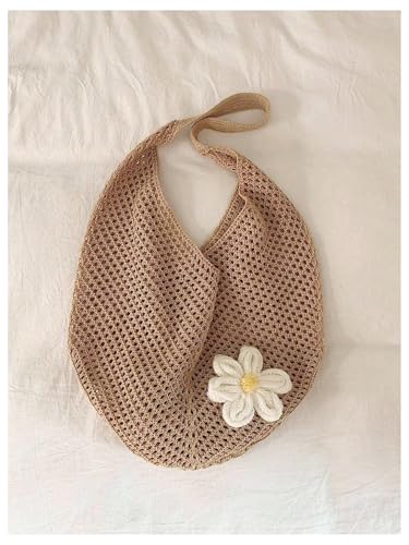 OYOANGLE Women's Floral Applique Crochet Beach Tote Bag Summer Boho Mesh Woven Tote Bag - color: Khaki