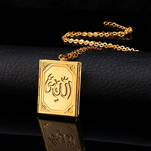 U7 Allah Necklace for Women/Men, 18K Gold Plated Square/Oval/Coin/Heart/Crescent Moon Islamic Pendant Necklace Muslim Jewelry with Chain - color: 05.Locket Gold
