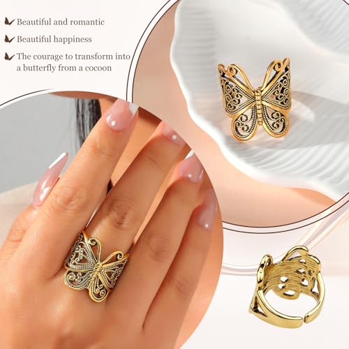 Butterfly Wrap Rings,Butterfly Ring for Women, Adjustable Open Carved Texture Butterfly Ring,Vintage Metal Insects Knuckle Finger Rings,Cute Animal Ring,Statement Jewelry Gifts for Women - color: Gold
