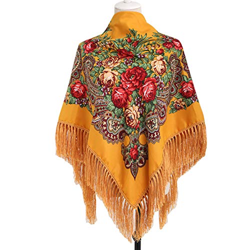 Gudessly Women's Traditional Scarf Wrap Tassel Fringes Neck Head Shawl Retro Scarf Floral Poncho Printing Square Cape 50inch - color: Yellow