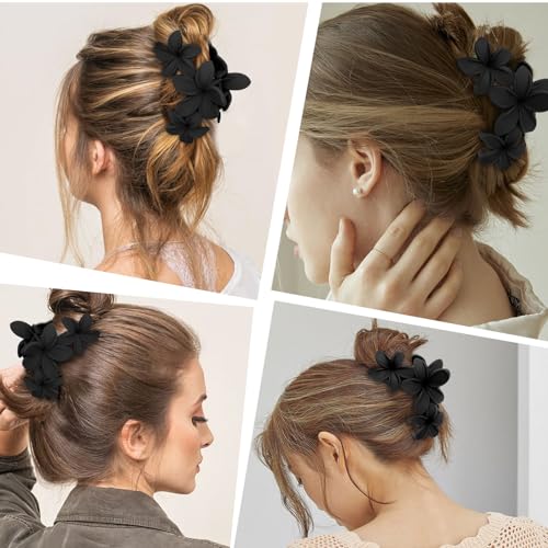 4PCS Matte Flower Hair Clips - Non-Slip Large Plumeria Clips for Thick Hair, Strong Hold for Women and Girls (Black) - color: black