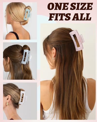 4Pcs Large Acrylic Hair Claw Clips, Nonslip Cute Hair Clips for Thick Hair and Long Hair, Rectangle Marble Claw Clips Hair Accessories for Women and Girls - color: White + Pink + Blue + Cyan