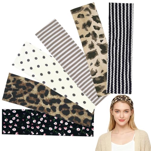 6 Pcs Anti-Slip Elastic Headbands for Women Soft Fabric Yoga Sweatbands with Floral Heart Print Stretchy, Sweat-Absorbent and Lightweight for Fitness, Running and Daily Wear - color: Headbands Color- Stylish Cheetah Print Set