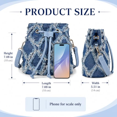 QZUnique Women Denim Mini Bucket Bag Crossbody Purse Shoulder Handbag Drawstring Quilted Tassel Barrel Shape Satchel Tote Bag - color: Bucket Blue