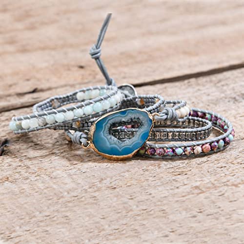 YGLINE Boho Handmade Wrap Leather Tube Crystal Stone Bracelet for Women - color: Blue Druzy