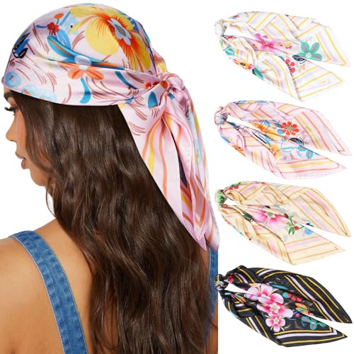 AWAYTR 27.5” Silk Satin Square Head Scarf - 4PCS Satin Head Scarves for Women Hair Kerchief Bandanas Sleeping Head Wraps - color: Flower(black/Pink/White/Yellow)