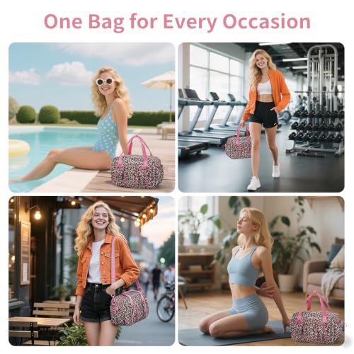 ECOHUB Small Gym Bag for Women, Mini Gym Duffle Bag with Wet Compartment, Bowknot Sports Bag, Cute Gym Tote Bag Dance Yoga Workout Travel Bags Pink Leopard Print - color: Pink Leopard Print