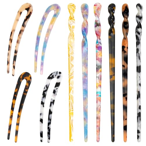 10Pcs Hair Sticks, Acetate Vintage Hair Chopsticks for Women, 6 PCS Hair Chopsticks and 4 PCS U Shaped Hair Forks