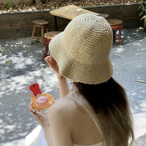 Womens Floppy Straw Sun Hat Packable Wide Brim Summer Beach Hat Foldable Crochet Bucket Hats - color: Begie 2