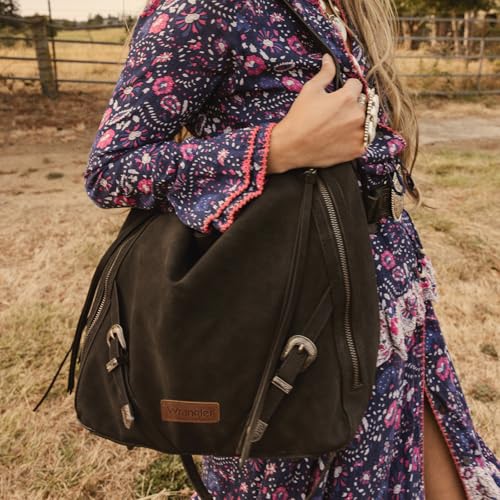 Wrangler Large Hobo Purses and Handbags for Women with Buckle and Fringe Zipper Faux Suede Shoulder Bag - color: Black