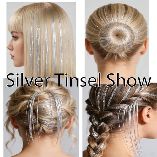 Celinebella Silver Hair Tinsel, 48" 1250 Strands Classic Metallic Shimmer | Timeless silver metallic tone, universally flattering, heat resistant, great for daily wear festivals casual & formal looks - color: 17-Iridescent Silver, size: 48 Inch Pack of 5P