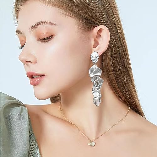 Long Acrylic Rose Petal Earrings Dangle Exaggerated Flower Earrings Drop Statement Floral Tassel Earrings for Women - color: Silver