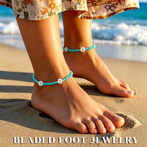 Tgirls Boho Ankle Bracelets for Women Beaded Anklets Chain Beachy Flower Foot Accessories - color: Turquoise
