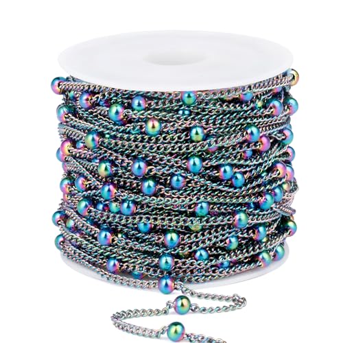 33 Feet Multicolor Satellite Bead Chains, 2mm 304 Stainless Steel Rainbow Ball Beaded Twisted Curb Chain Spool Bulk for Jewelry Making DIY Craft - color: Colorful Big Beads Satellite Curb Chain