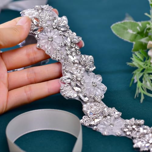 Rhinestone Wedding Bridal Belt for Women Formal Dress Handmade Crystal Beading Wedding Sash Belt - color: Grey