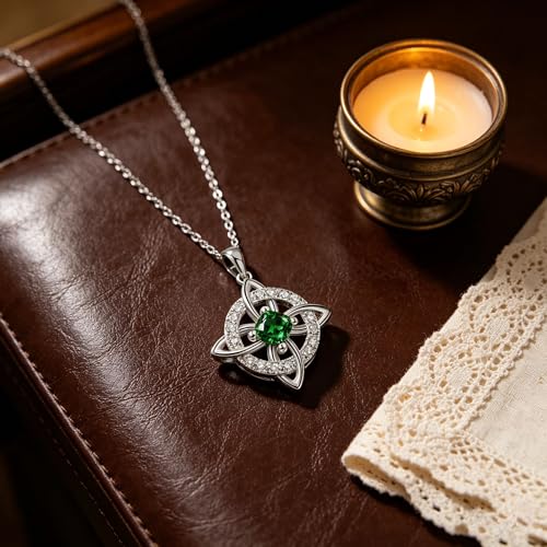 Mystical Birthstone Witches Knot Necklace – Natural Crystal Celtic Pendant, Wiccan Pagan Jewelry Gift for Women - color: May