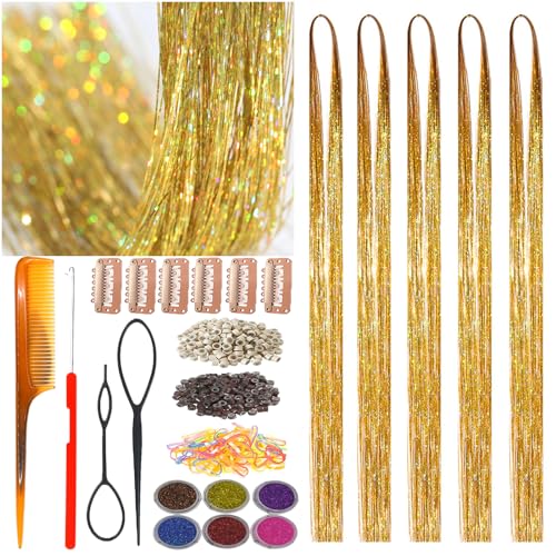 Celinebella Metallic Gold Hair Tinsel, 48" 1250 Strands Luxury Shimmer | Classic metallic gold tone, timeless versatile, heat resistant, great for office wear holiday parties & formal events - color: 16-Holographic Gold, size: 48 Inch Pack of 5Pcs